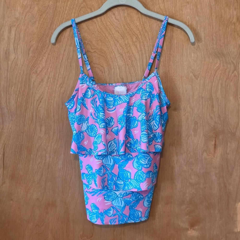 Stella Parker Pink Seashells Tiered Ruffle Tankini Set Pink Blue Small